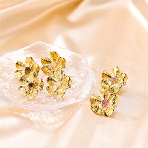 Stainless Steel Stud Earrings 304 Stainless Steel with Natural Stone Flower fashion jewelry & for woman golden Sold By Pair