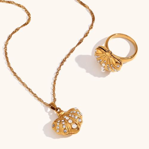 Rhinestone Stainless Steel Jewelry Set 316L Stainless Steel with Plastic Pearl with 5cm extender chain Shell 18K gold plated & for woman & with rhinestone golden Length Approx 40 cm Sold By PC