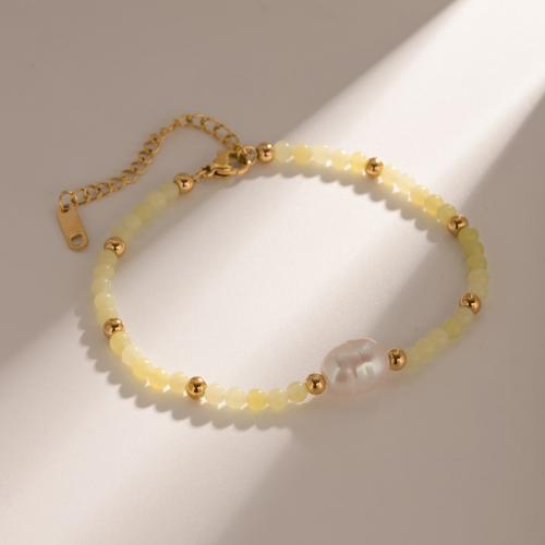 Stainless Steel Jewelry Bracelet, 304 Stainless Steel, with Seedbead & ABS Plastic Pearl, with 6.5cm extender chain, plated, fashion jewelry, yellow, Length:17 cm, Sold By PC