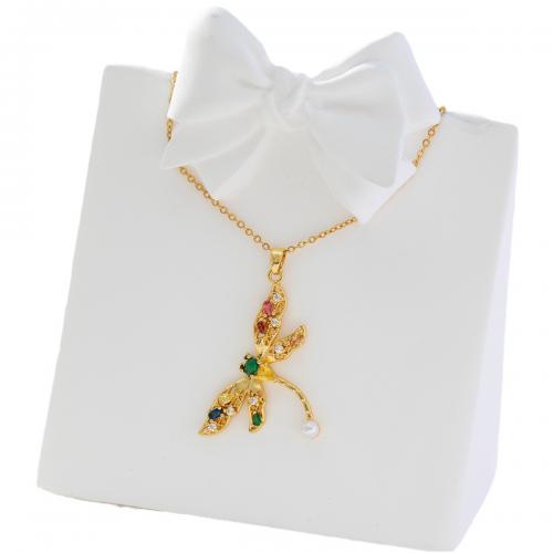 Cubic Zircon Micro Pave Brass Necklace with Plastic Pearl Dragonfly real gold plated micro pave cubic zirconia & for woman golden Sold By PC