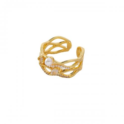 Kubisk Circonia Micro bane messing Ring, med Plastic Pearl, ægte forgyldt, Micro Pave cubic zirconia & for kvinde, gylden, Solgt af PC