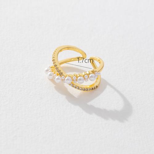 Cúbicos Circonia Micro Pave anillo de latón, metal, con Perlas plásticas, chapado en oro real, micro arcilla de zirconia cúbica & para mujer, dorado, Vendido por UD