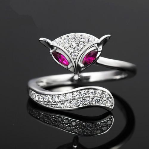 Латунь Манжеты палец кольцо, Лисица, плакирован серебром, Женский & со стразами, размер:6-8, продается PC