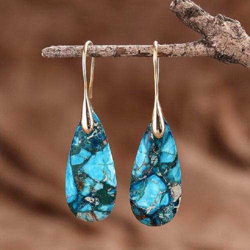 Natural Gemstone Earrings Impression Jasper with Brass Teardrop plated fashion jewelry & for woman 70mm Sold By Pair