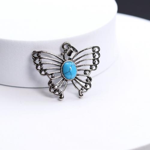 Turquoise Pendant Blue Turquoise with Zinc Alloy Butterfly silver color plated fashion jewelry & DIY & hollow blue Sold By PC