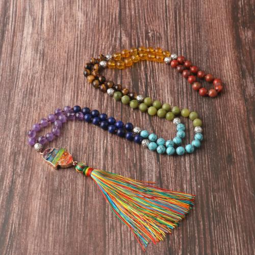 Fashion Fringe Necklace, Gemstone, with Knot Cord & Brass & Tibetan Style, plated, fashion jewelry & Unisex, mixed colors, 108PCs/Strand, Sold By Strand