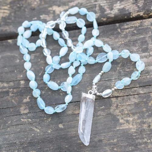 Natural Gemstone Necklace Aquamarine with Clear Quartz & Brass silver color plated fashion jewelry & Bohemian style & for woman mixed colors 45mm Length Approx 83 cm Sold By PC