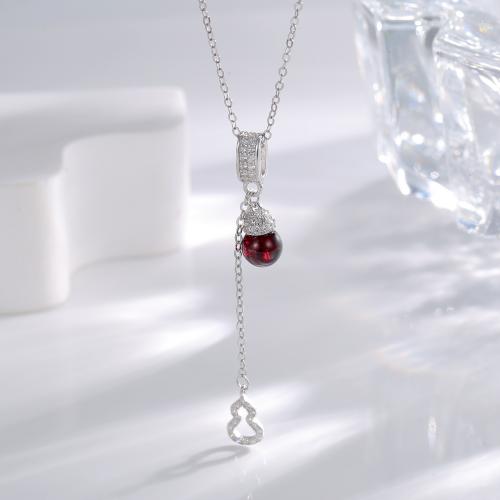 925 Sterling Silver Necklaces, with Garnet, Calabash, plated, fashion jewelry & for woman & with rhinestone, more colors for choice, nickel, lead & cadmium free, Length:Approx 40-45 cm, Sold By PC