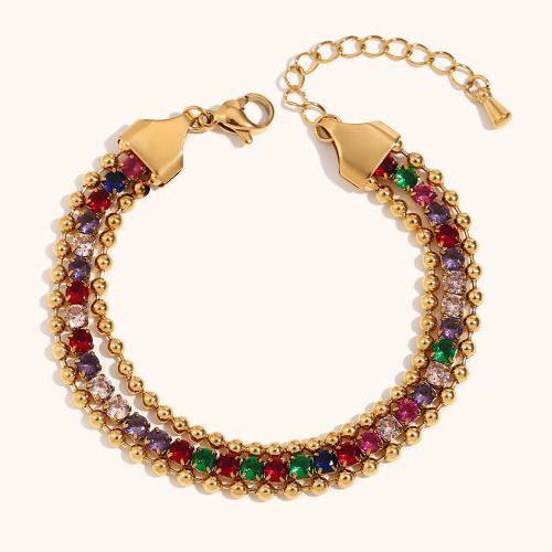 Stainless Steel Jewelry Bracelet, 316L Stainless Steel, with 5cm extender chain, 18K gold plated, three layers & for woman & with rhinestone, golden, Sold Per Approx 17 cm Strand