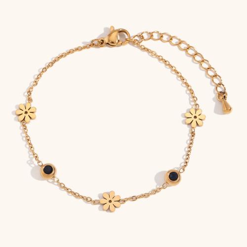 Stainless Steel Jewelry Bracelet 316L Stainless Steel with 5cm extender chain Flower 18K gold plated fashion jewelry & for woman & with rhinestone golden Sold Per Approx 17 cm Strand