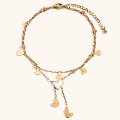 Stainless Steel Anklet 316L Stainless Steel with White Shell with 5cm extender chain Heart 18K gold plated Double Layer & fashion jewelry & for woman golden Sold Per Approx 20 cm Strand
