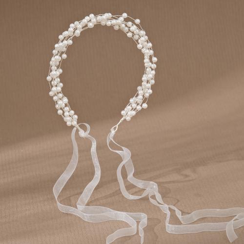 Stirnband, Zinklegierung, mit Stoff & Kunststoff Perlen, silberfarben plattiert, für Braut & für Frau & mit Strass, weiß, frei von Nickel, Blei & Kadmium, verkauft von PC