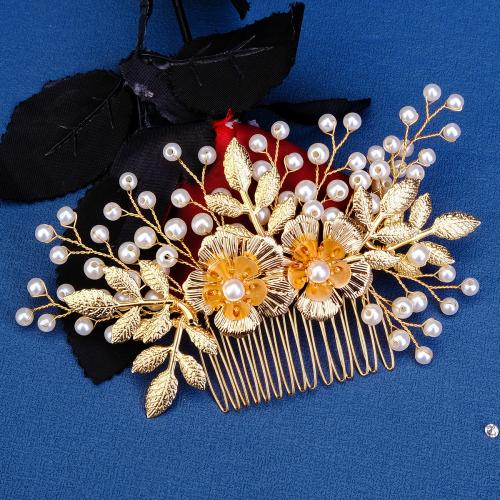 Dekoratives Haarkämmchen, Zinklegierung, mit Kunststoff Perlen, goldfarben plattiert, für Braut & für Frau, gelb, frei von Nickel, Blei & Kadmium, verkauft von PC