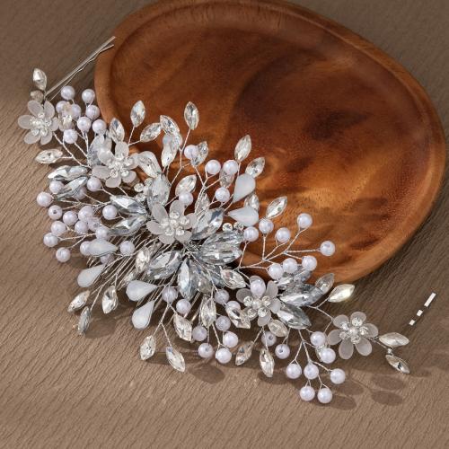 Dekoratives Haarkämmchen, Zinklegierung, mit Kunststoff Perlen, silberfarben plattiert, für Braut & für Frau & mit Strass, weiß, frei von Nickel, Blei & Kadmium, verkauft von PC
