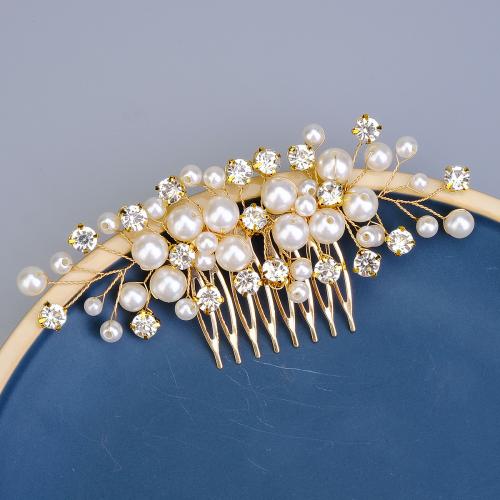 Dekoratives Haarkämmchen, Zinklegierung, mit Kunststoff Perlen, goldfarben plattiert, für Braut & für Frau & mit Strass, gemischte Farben, frei von Nickel, Blei & Kadmium, verkauft von PC