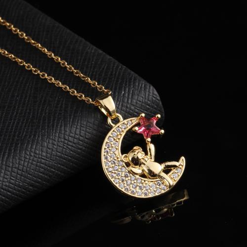 Cubic Zircon Micro Pave Brass Necklace Moon plated fashion jewelry & micro pave cubic zirconia nickel lead & cadmium free Length 20.5 cm Sold By PC