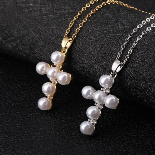 Cubic Zircon Micro Pave Brass Necklace with ABS Plastic Pearl Cross plated fashion jewelry & micro pave cubic zirconia nickel lead & cadmium free Length 20.5 cm Sold By PC
