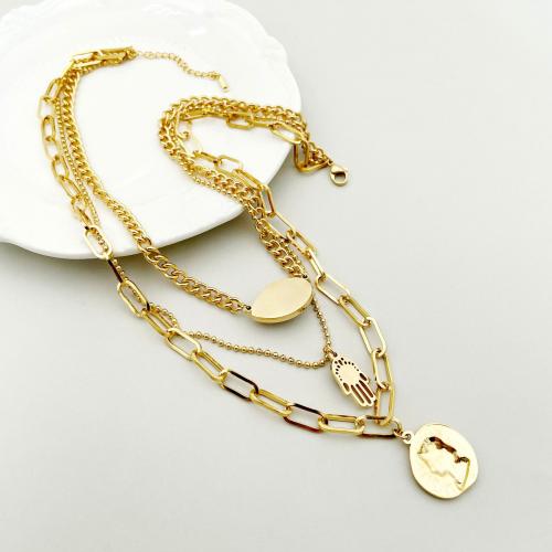 Stainless Steel Jewelry Necklace 304 Stainless Steel with Gemstone plated fashion jewelry & multilayer gold Sold By PC