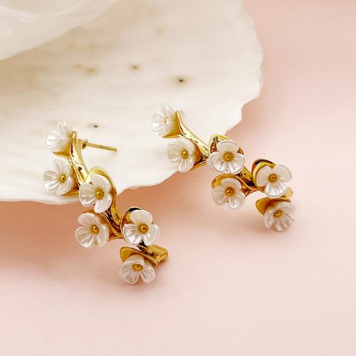 Stainless Steel Drop Earring, 304 Stainless Steel, with ABS Plastic Pearl, Flower, plated, fashion jewelry, gold, 15x35mm, Sold By Pair