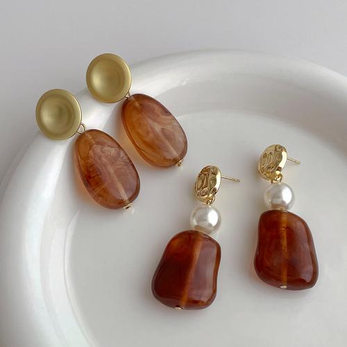 Brass Drop Earring with ABS Plastic Pearl & Resin plated fashion jewelry golden nickel lead & cadmium free Sold By Pair