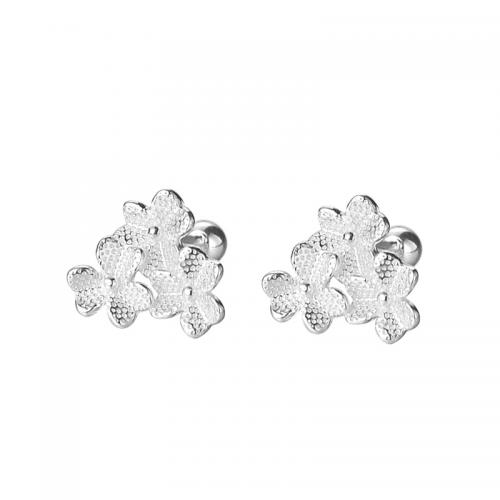 925 Sterling Silver Stud Earrings, petals, plated, for woman, silver color, Sold By Pair