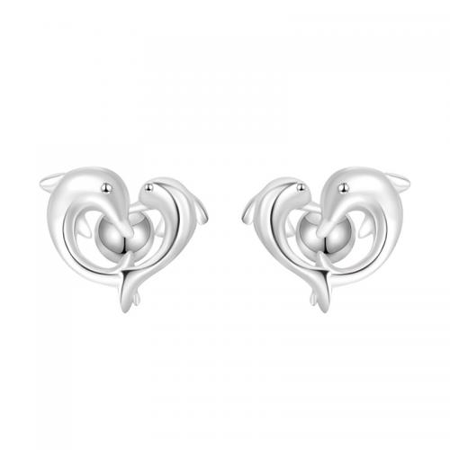 925 Sterling Silver Stud Earrings Dolphin plated for woman silver color Sold By Pair