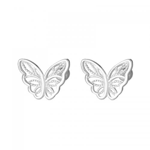 925 Sterling Silver Stud Earrings, Butterfly, plated, for woman, silver color, Sold By Pair