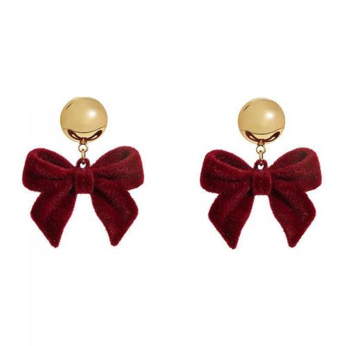 Zinc Alloy Drop Earring with Flocking Fabric Bowknot gold color plated fashion jewelry & for woman Sold By Pair