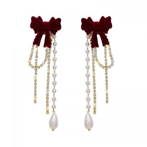 Zinc Alloy Tassel Earring with Flocking Fabric & Plastic Pearl Bowknot plated for woman & with rhinestone Sold By Pair