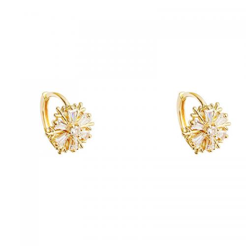 Tibetan Style Huggie Hoop Earring, Snowflake, gold color plated, micro pave cubic zirconia & for woman, 10mm, Sold By Pair