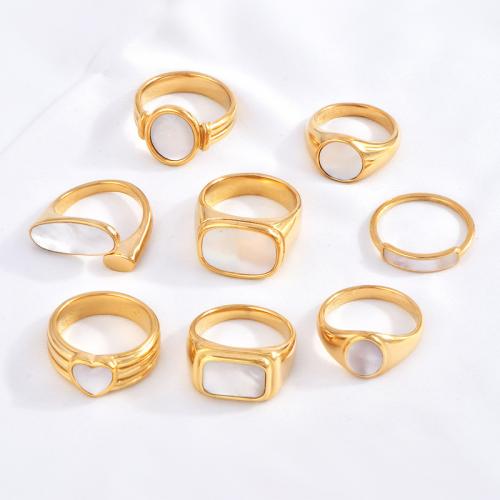 Partículas de aço anel, with concha branca, 18K banhado a ouro, tamanho diferente para a escolha & Vario tipos a sua escolha & para mulher, tamanho:6-8, vendido por PC