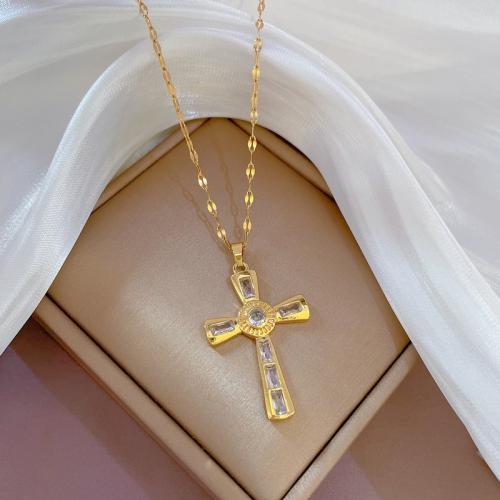 Titanium Steel Necklace, with Brass, with 2inch extender chain, Cross, plated, different styles for choice & for woman & with rhinestone, Length:Approx 15.7 Inch, Sold By PC