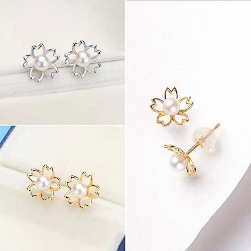 Titanium Steel  Earring with Plastic Pearl Flower Vacuum Ion Plating fashion jewelry & for woman & hollow nickel lead & cadmium free 10mm Sold By Pair