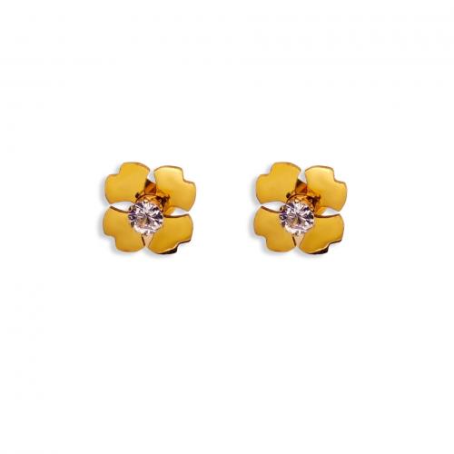 Titanium Steel  Earring with Cubic Zirconia Flower Vacuum Ion Plating fashion jewelry & for woman golden nickel lead & cadmium free 10mm Sold By Pair