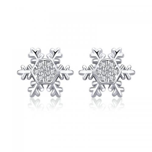 Cubic Zirconia Micro Pave Sterling Silver Earring, 925 Sterling Silver, Snowflake, platinum plated, fashion jewelry & micro pave cubic zirconia & for woman, nickel, lead & cadmium free, 8x8mm, Sold By Pair