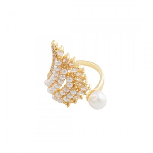 Cubic Zirconia Micro Pave Brass Ring with Plastic Pearl Wing Shape 14K gold plated fashion jewelry & micro pave cubic zirconia nickel lead & cadmium free Inner Approx 18mm Sold By PC