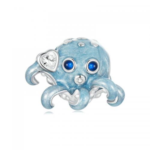 925 Sterling Silver Beads, with Spinel, Octopus, platinum plated, DIY & micro pave cubic zirconia & enamel, nickel, lead & cadmium free, 13x16mm, Sold By PC
