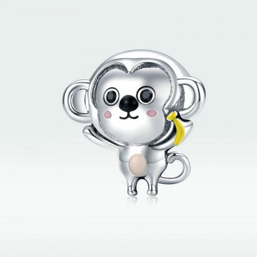 925 Sterling Silver Beads Monkey DIY & micro pave cubic zirconia & enamel nickel lead & cadmium free Sold By PC