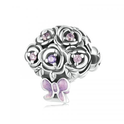 925 Sterling Silver Beads, Bouquet, DIY & micro pave cubic zirconia & enamel, nickel, lead & cadmium free, 12x11mm, Sold By PC