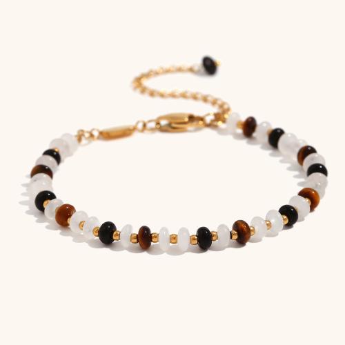 Stainless Steel Jewelry Bracelet, 316L Stainless Steel, with White Chalcedony & Tiger Eye, with 5cm extender chain, gold color plated, fashion jewelry & for woman, golden, Sold Per Approx 17 cm Strand