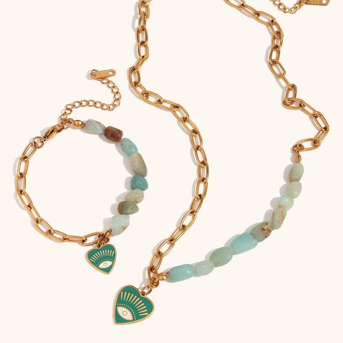 Fashion Stainless Steel Jewelry Sets, 316L Stainless Steel, with ​Amazonite​, Heart, 18K gold plated, fashion jewelry & different styles for choice & for woman, golden, Sold By Strand