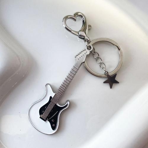 Bag Purse Charms Keyrings Keychains Zinc Alloy Guitar silver color plated Unisex & enamel nickel lead & cadmium free Sold By PC