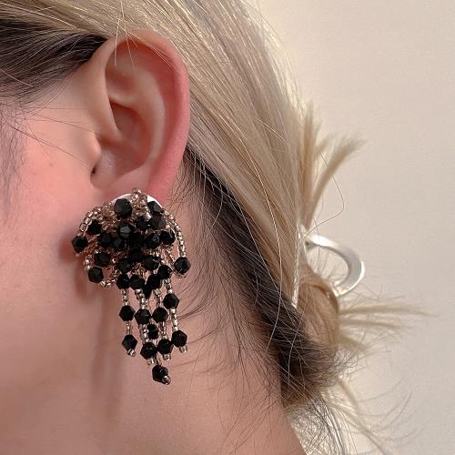 Boucles d'oreilles cristal, avec Seedbead, bijoux de mode, noir, 60x40mm, Vendu par paire