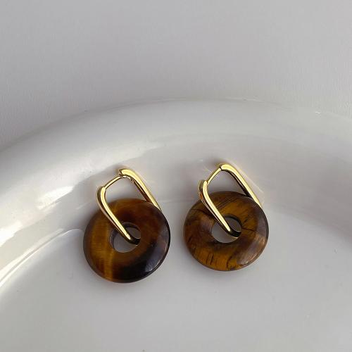 Brass Drop Earring with Tiger Eye plated fashion jewelry nickel lead & cadmium free Sold By Pair