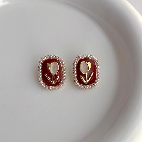 Brass Stud Earring with ABS Plastic Pearl plated fashion jewelry & enamel red nickel lead & cadmium free Sold By Pair