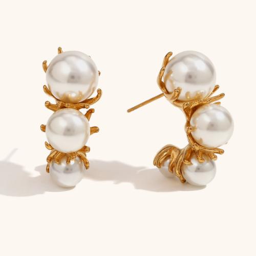 Stainless Steel Stud Earrings, 316L Stainless Steel, with Plastic Pearl, Chrysamthemum, 18K gold plated, fashion jewelry & for woman, nickel, lead & cadmium free, 30.50x11.80mm, Sold By Pair