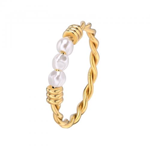 Edelstahl Ringe, 304 Edelstahl, mit Kunststoff Perlen, handgemacht, Modeschmuck & verschiedene Größen vorhanden & für Frau, Goldfarbe, frei von Nickel, Blei & Kadmium, wide:3.4mm, verkauft von PC