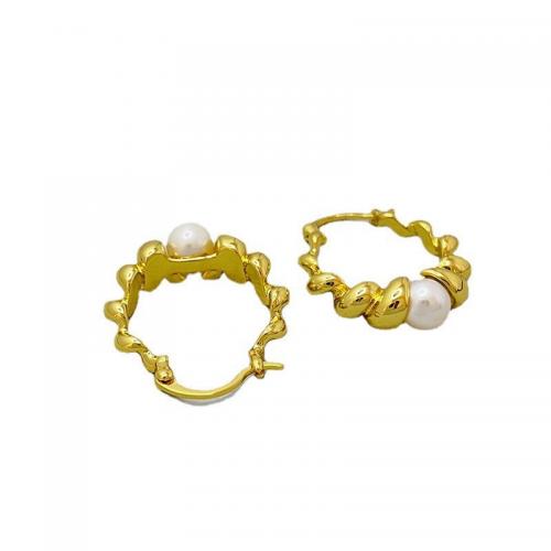 Messing Spring hoop oorbellen, met Plastic Pearl, 18K verguld, mode sieraden & voor vrouw, nikkel, lood en cadmium vrij, 25x24mm, Verkocht door pair