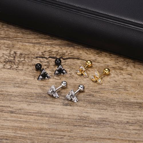 Stainless Steel Stud Earrings, 304 Stainless Steel, Triangle, plated, fashion jewelry & micro pave cubic zirconia & for man, more colors for choice, nickel, lead & cadmium free, 7x7.50mm, Sold By Pair
