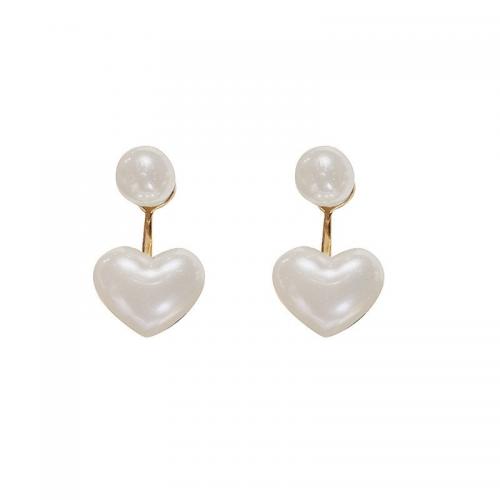 Messing Tropfen Ohrringe, mit Kunststoff Perlen, Herz, goldfarben plattiert, Modeschmuck & für Frau, weiß, frei von Nickel, Blei & Kadmium, 26x16mm, verkauft von Paar